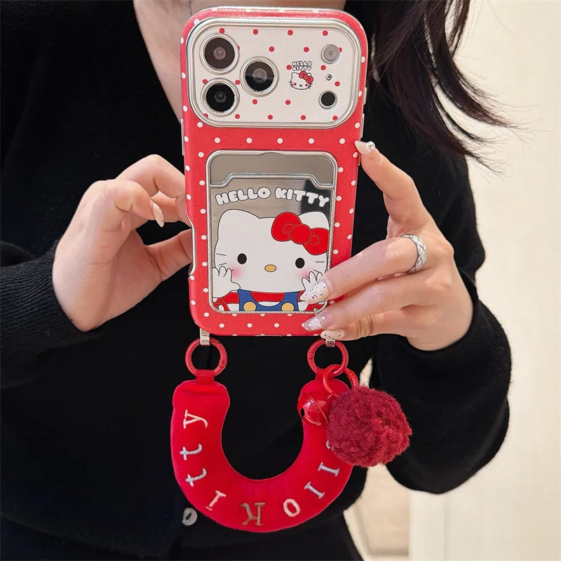 Hello Kitty Red Mirror Phone Case with Card Slot & Plush Wrist Strap – Cute Protective Cover for iPhone 13, 14, 15, 16 & 17 Pro Max