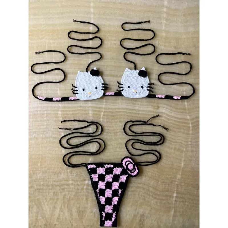 Hello Kitty Inspired Crochet Micro Bikini Set – Cute Kawaii Beachwear for Women