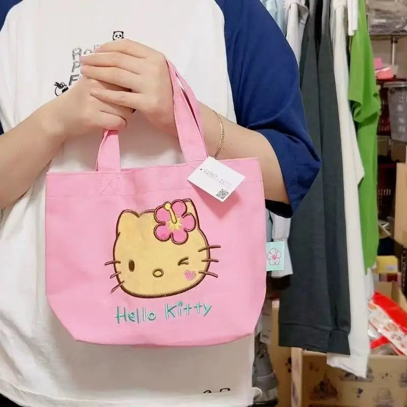 Hello Kitty Embroidered Canvas Tote Bag – Contrast Color Commuter Handbag for Everyday Use