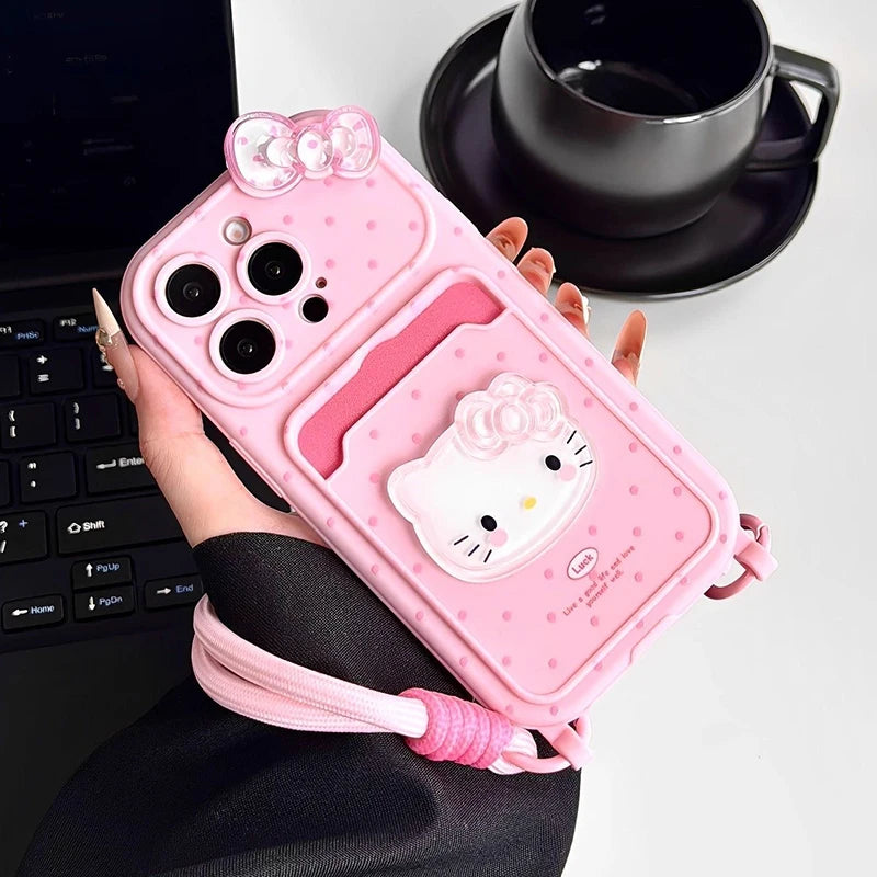 Kawaii Hello Kitty 3D Bow Phone Case with Card Holder & Lanyard – Protective Cover for iPhone 11, 12, 13, 14, 15, 16 & 17 Pro Max