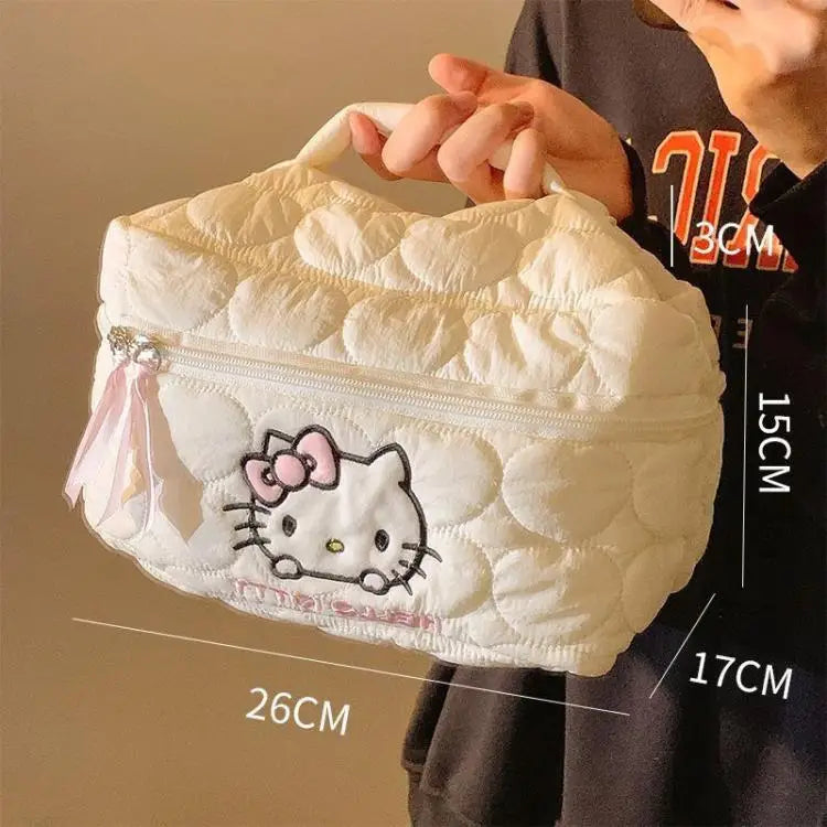 Hello Kitty Cute Quilted Makeup Bag Soft Cloud Texture Large Capacity Travel Cosmetics Storage Bag Toiletry Pouch Ladies Gifts