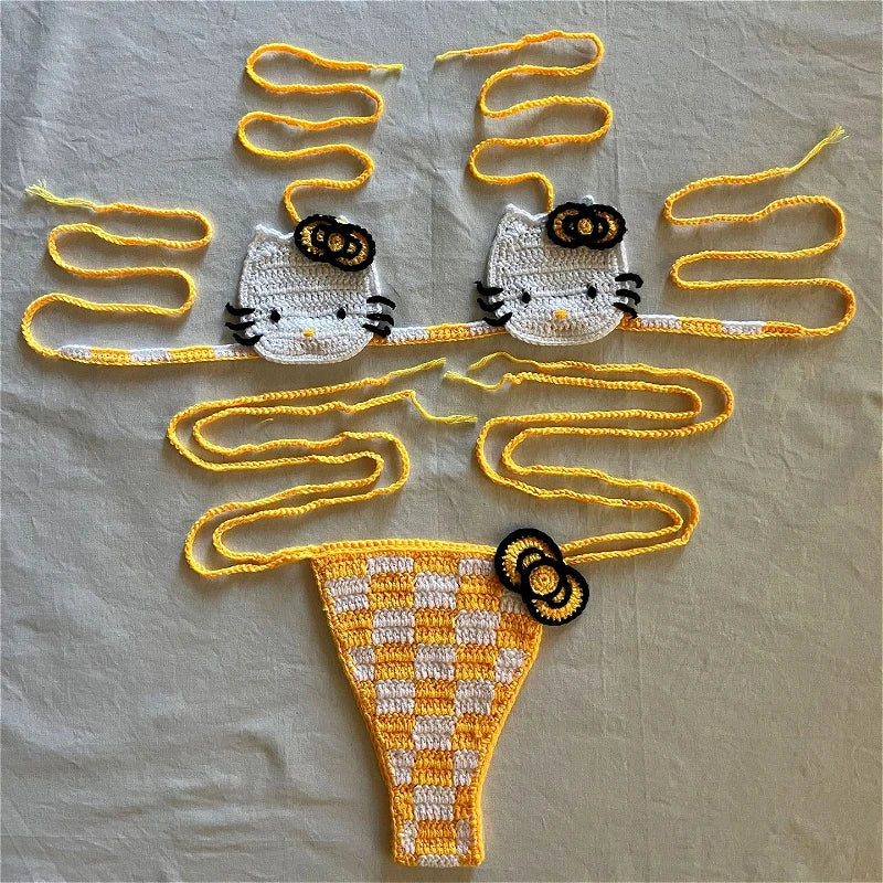 Hello Kitty Inspired Crochet Micro Bikini Set – Cute Kawaii Beachwear for Women