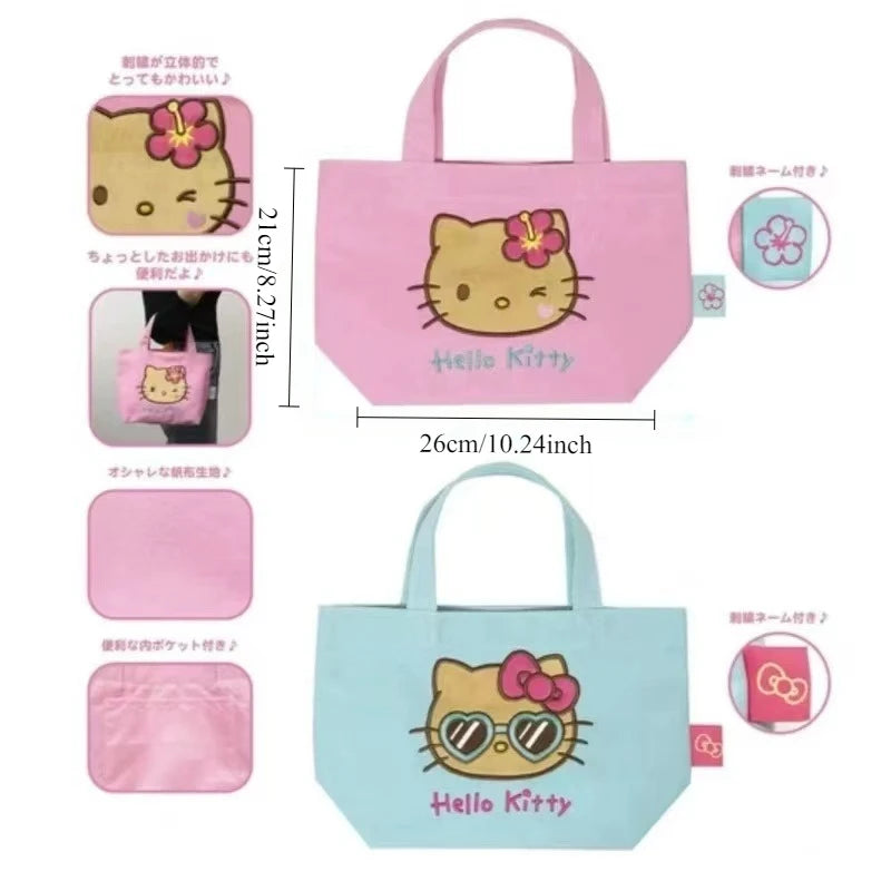 Hello Kitty Embroidered Canvas Tote Bag – Contrast Color Commuter Handbag for Everyday Use