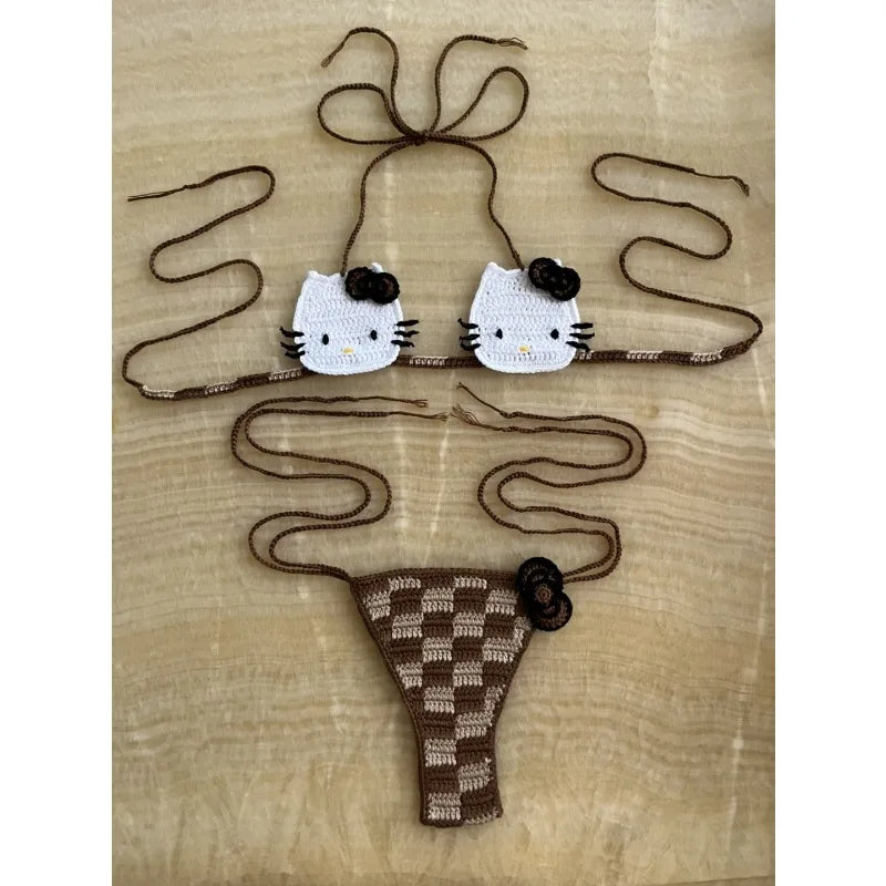 Hello Kitty Inspired Crochet Micro Bikini Set – Cute Kawaii Beachwear for Women
