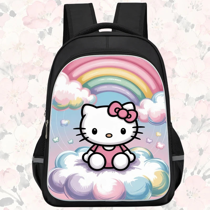 16-inch cartoon children's backpack, unisex, large capacity, double zippered pockets, ergonomic back support, Hello Kitty-theme