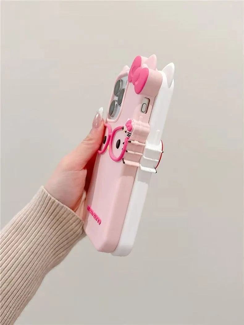 Hello Kitty 3D Glasses Cat Silicone Phone Case – Cute Shockproof Cover for iPhone 4/4S, 5/5S, SE, 7, 8, 11, 12 Mini, 13, 14, 15 Plus, 16 & 17 Pro Max