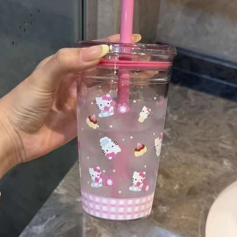 Anime Hello Kitty Pink Straw Cup KT Cat Large-Capacity Transparent Plastic Water Cup Kawaii Plastic Portable Cup Birthday Gifts