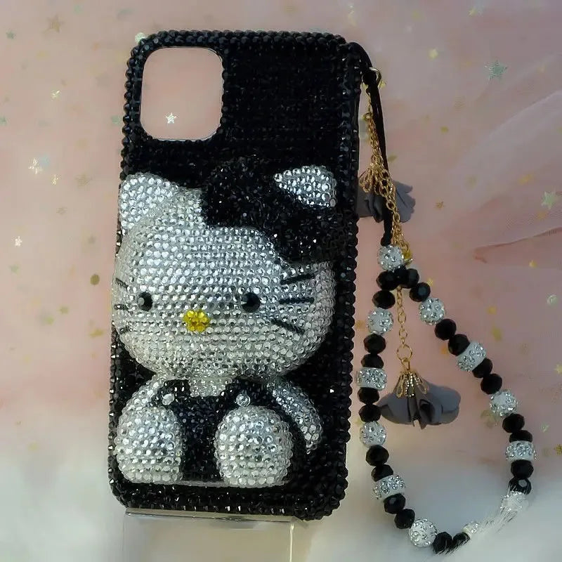 Hello Kitty Rhinestone Bling Crystal Phone Case Chain For iPhone17 16 15 14 13 12 11Pro Max X Xs XR 7 8 Plus Transparent Bumper