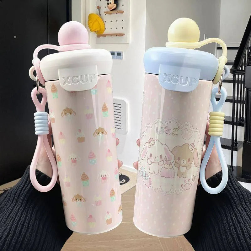600ml Sugarbunnies Cute Cartoon Stainless Steel Floating Ball Straw Insulated Cup Large Capacity Portable Coffee Mug Plush Toys