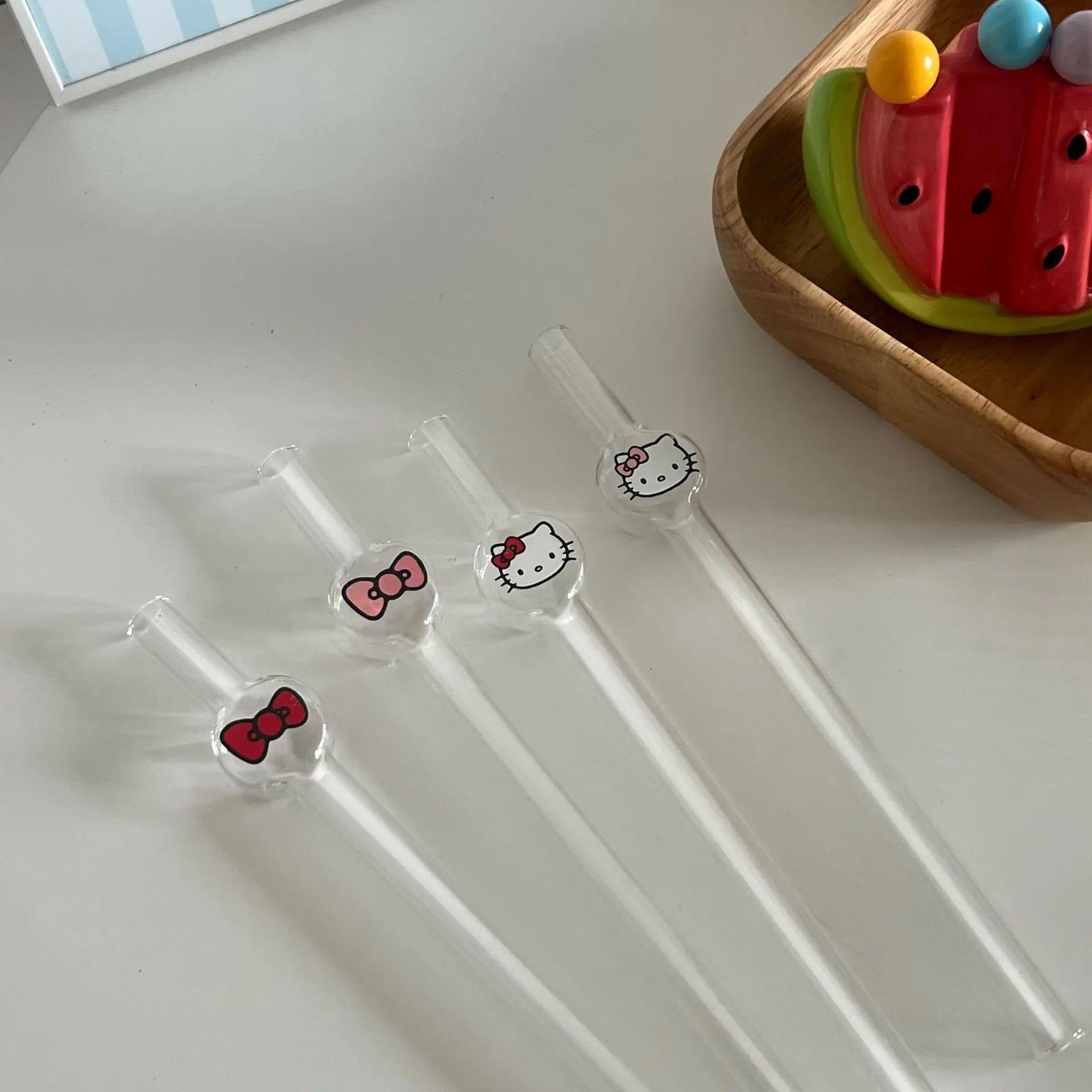 Hello Kitty Anime Ins Style Cute Cartoon Student Glass Straw KT Cat Creative High-value Household Thick Drinking Accessory Gifts