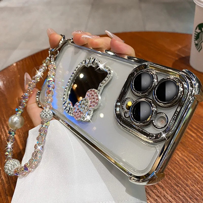 Hello Kitty Mirror Electroplated Phone Case with Bracelet – Shockproof Protective Cover for Motorola Moto Edge & Moto G Series