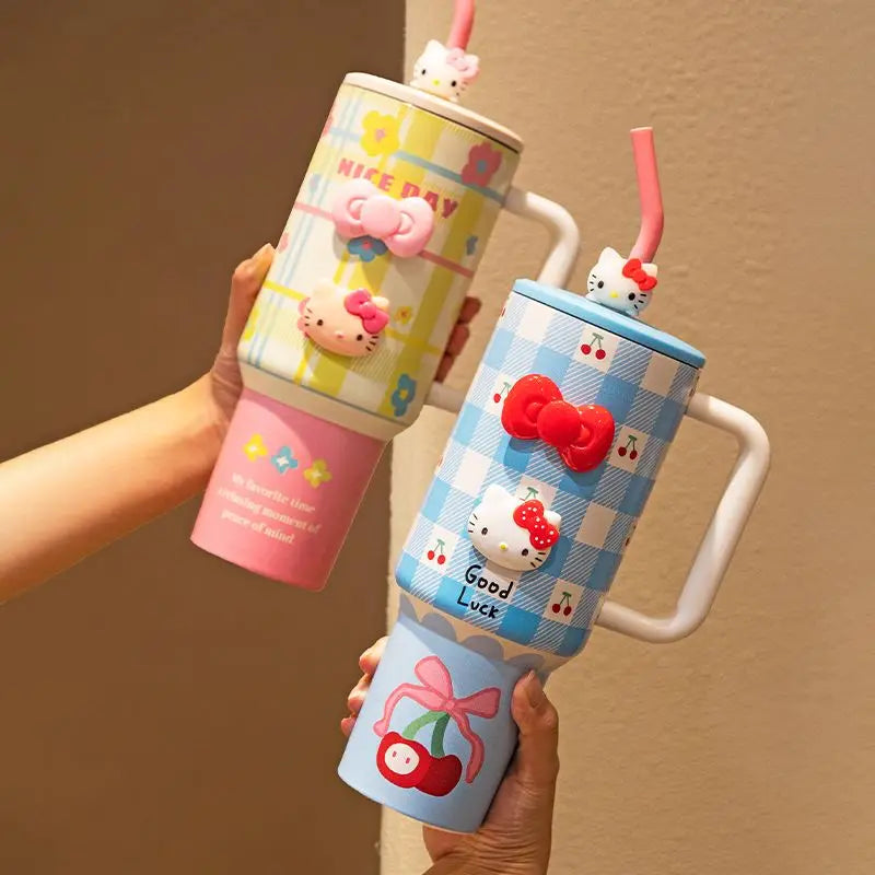 1200ml Hello Kitty 304 Stainless Steel Insulated Bottle – Pink & Blue Grid Thermo Tumbler – Large Capacity Hot & Cold Coffee Cup Water Bottle Mug Gift
