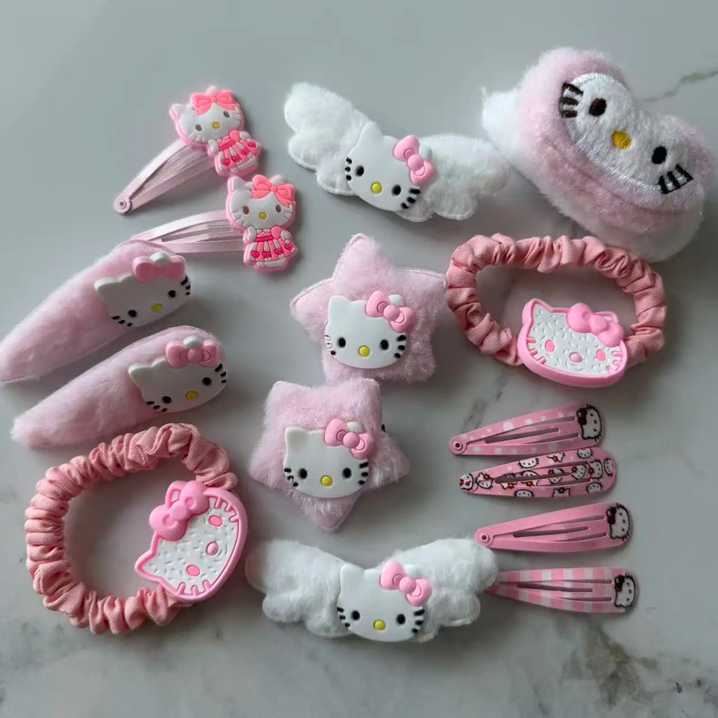 15Pcs/Set Hello Kitty Hair Clip Anime Pink Hairpin Girl's Barrettes Bangs Clip Women's Girls KT Cat Cute Side Hairpin Hair Rope