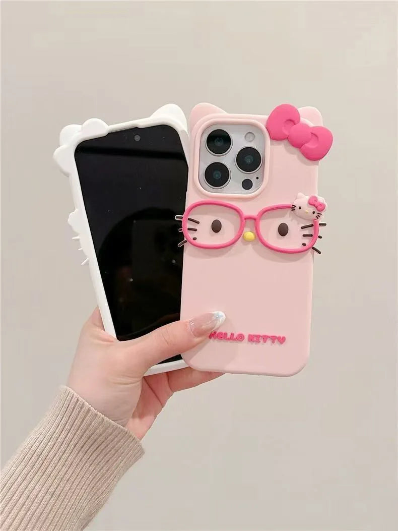 Hello Kitty 3D Glasses Cat Silicone Phone Case – Cute Shockproof Cover for iPhone 4/4S, 5/5S, SE, 7, 8, 11, 12 Mini, 13, 14, 15 Plus, 16 & 17 Pro Max