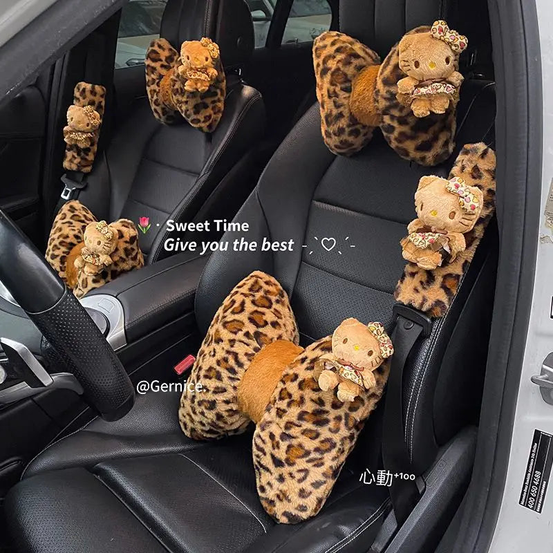 Hello Kitty Car Headrest Neck Pillow Seat Leopard Print Cushion Car Accessory for Girls Car Pillow Lumbar Support Accessories