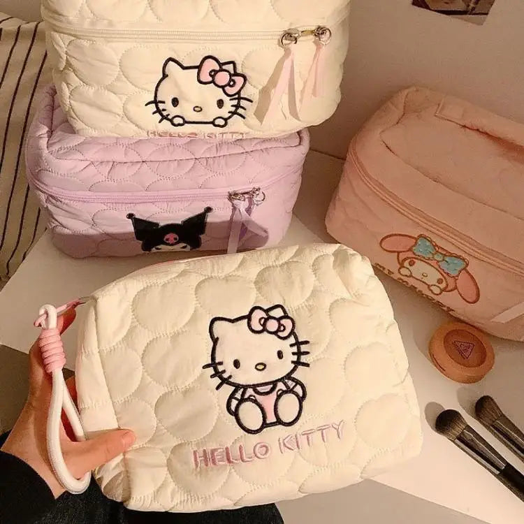 Hello Kitty Cute Quilted Makeup Bag Soft Cloud Texture Large Capacity Travel Cosmetics Storage Bag Toiletry Pouch Ladies Gifts