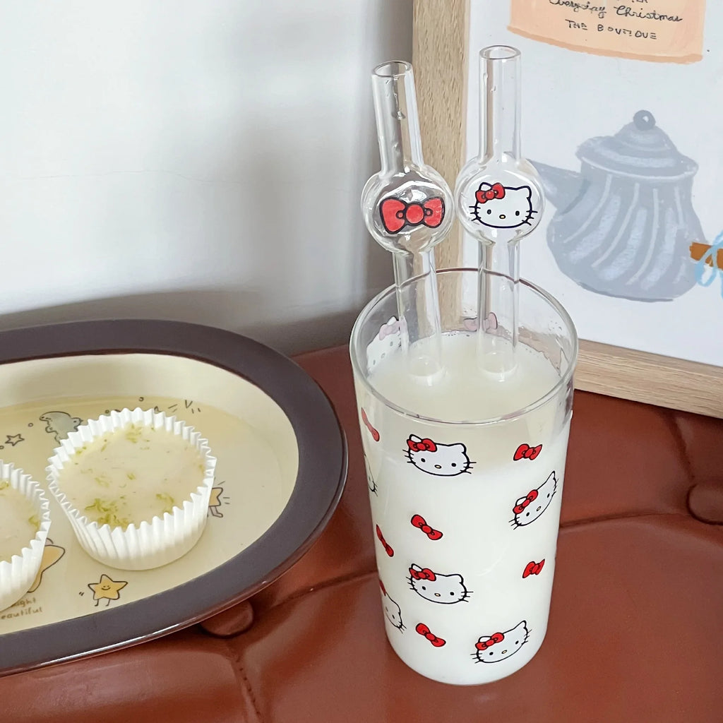 Hello Kitty Anime Ins Style Cute Cartoon Student Glass Straw KT Cat Creative High-value Household Thick Drinking Accessory Gifts
