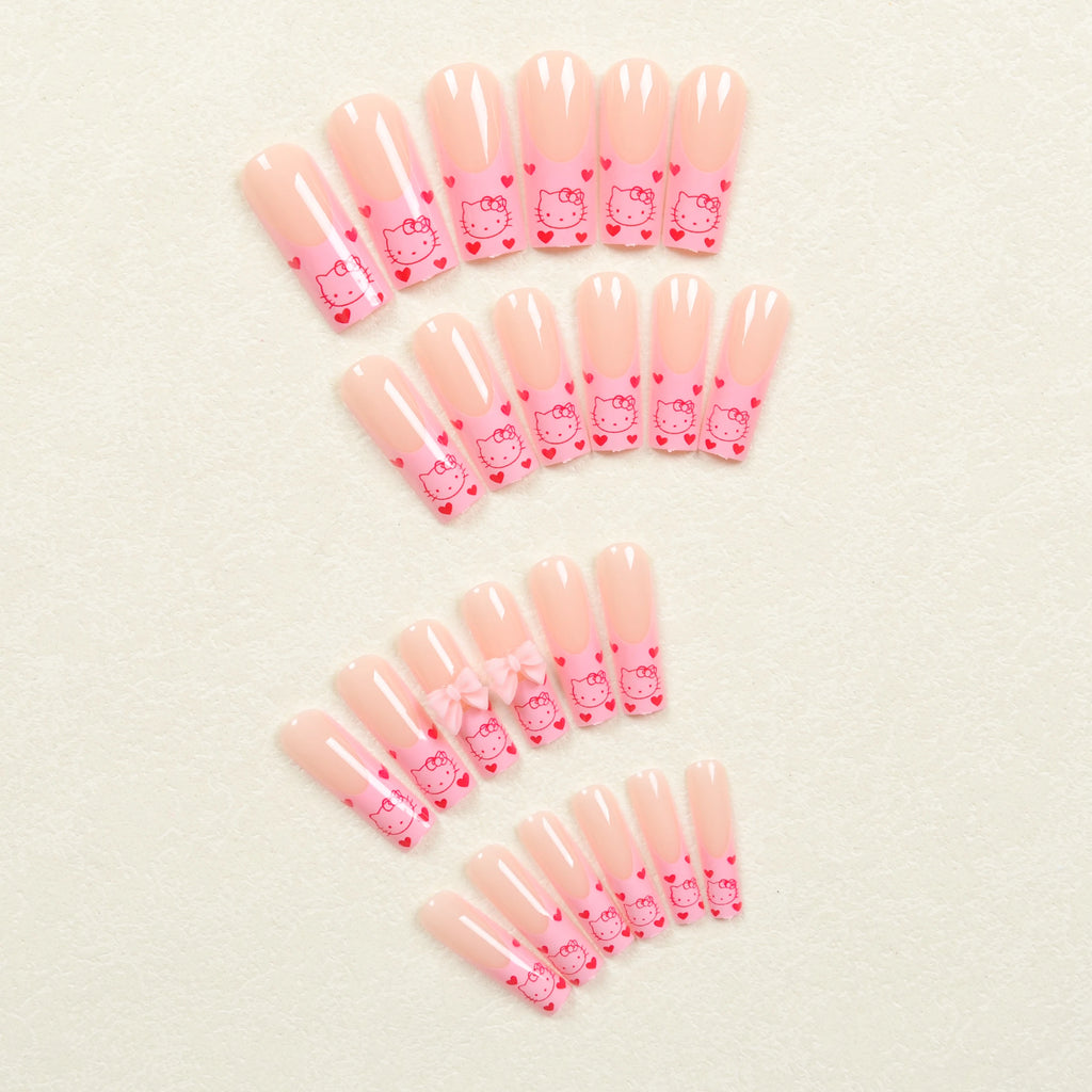 Hello Kitty 24-Piece Press-On Nails – Pink Heart & Kitty Design, Long Square Fit