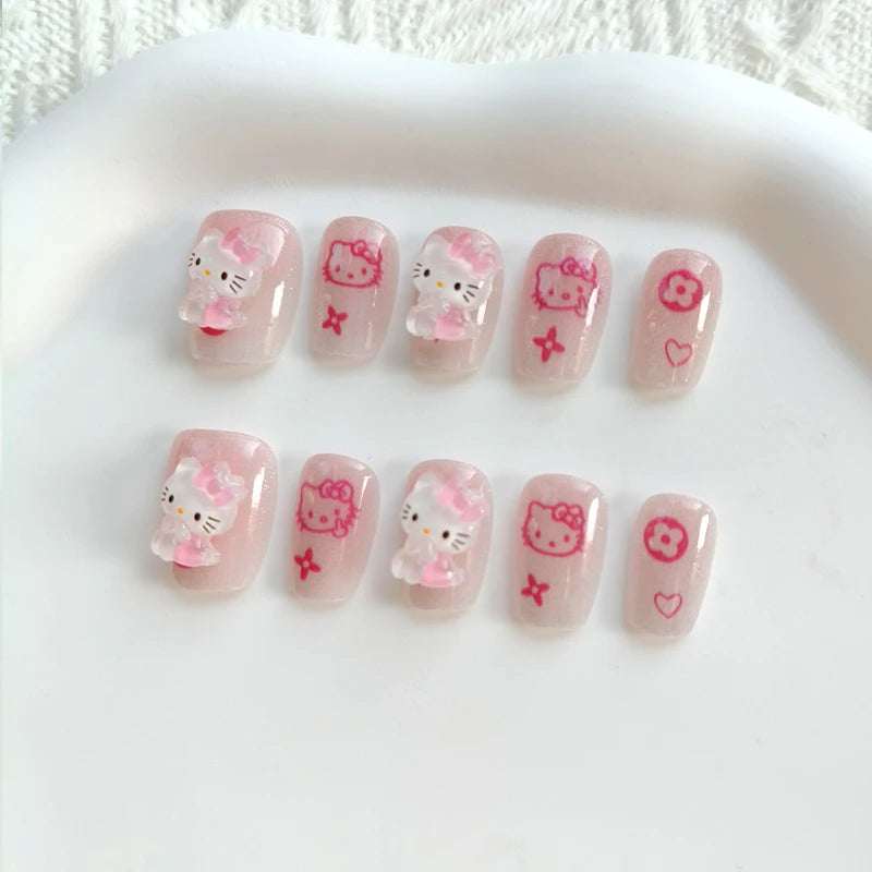 10Pcs Hello Kitty Press-On Nails – Cat Eye French Short False Nails – Handmade Wearable Manicure Nail Tips Set for Girls