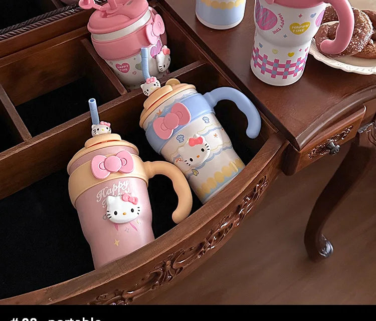 Sanrio Hello Kitty Large Insulated Tumbler with Handle – 316 Stainless Steel Straw Cup – Cute Leak-Proof Water Bottle for Women & Girls