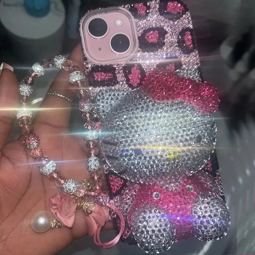 Hello Kitty Rhinestone Bling Crystal Phone Case Chain For iPhone17 16 15 14 13 12 11Pro Max X Xs XR 7 8 Plus Transparent Bumper