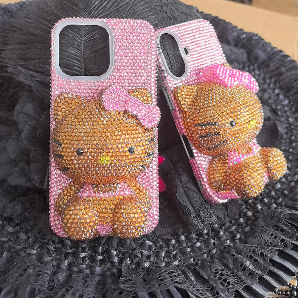 Christmas Hello Kitty Rhinestone Crystal Phone Case Chain For iPhone17 16 15 14 13 12 11Pro Max X Xs XR 7 8 Plus Transparent