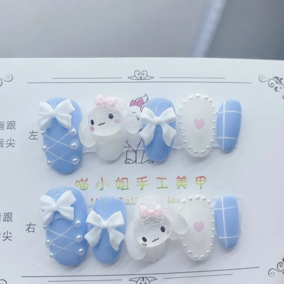 Hello Kitty Handmade Press-On Nails – Pink My Melody & Cinnamoroll Anime Nails – Detachable 3D Nail Art Decoration Set