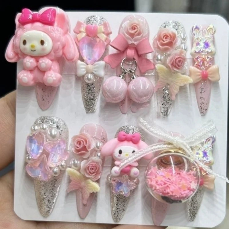 Hello Kitty Handmade Press-On Nails – Pink My Melody & Cinnamoroll Anime Nails – Detachable 3D Nail Art Decoration Set