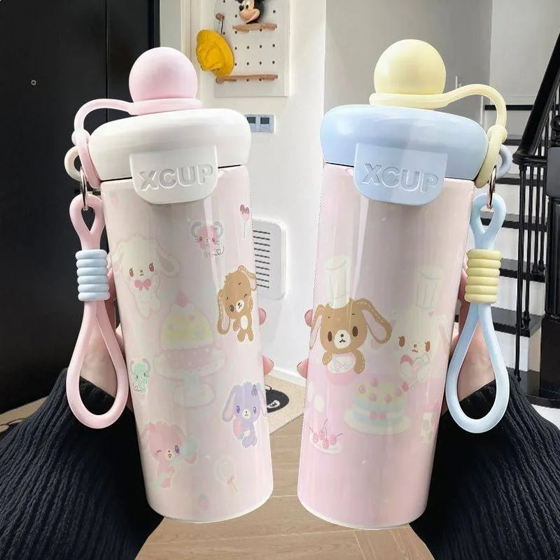 600ml Sugarbunnies Cute Cartoon Stainless Steel Floating Ball Straw Insulated Cup Large Capacity Portable Coffee Mug Plush Toys