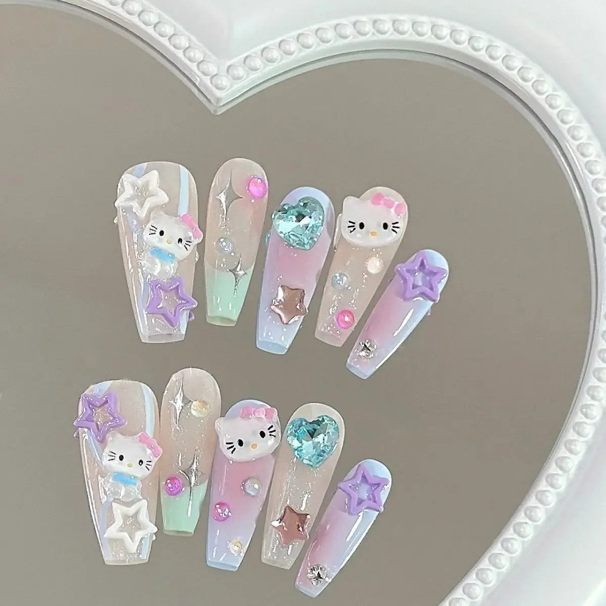 Hello Kitty Press-On Nails –  Cat Eye Shiny Wearable Nail Set – Reusable Handmade Cartoon Nail Art for Women