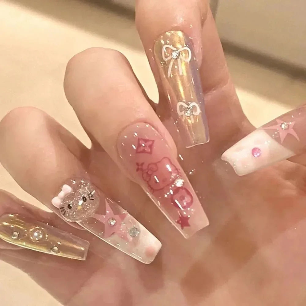 Hello Kitty Press-On Nails –  Cat Eye Shiny Wearable Nail Set – Reusable Handmade Cartoon Nail Art for Women