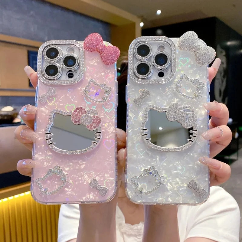 Luxury Makeup Mirror Glitter 3D Cute Cartoon Hello Kitty Sparkling Phone Case For iPhone12 13 14 15 16 17 Pro Max Plus Cover