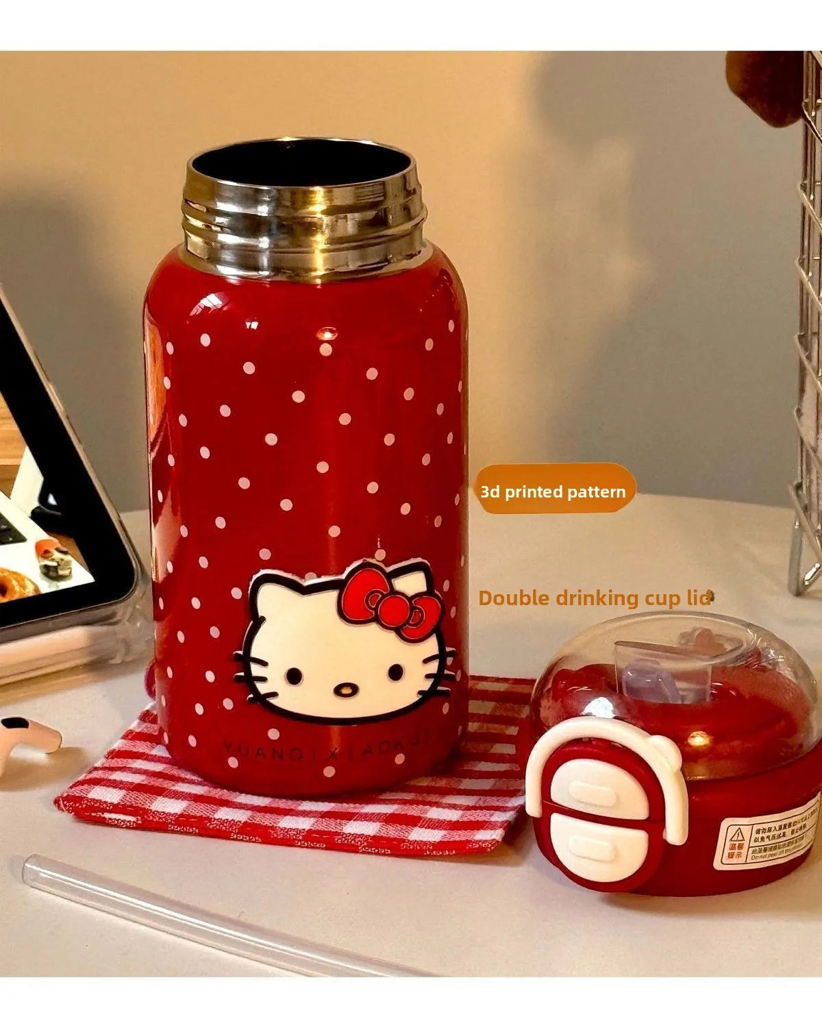 Hello Kitty Retro Red Polka Dot Thermos Cup – 316 Stainless Steel Vacuum Travel Water Bottle for Students