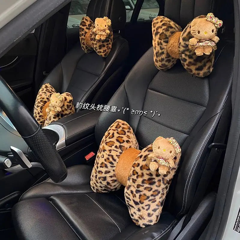 Hello Kitty Car Headrest Neck Pillow Seat Leopard Print Cushion Car Accessory for Girls Car Pillow Lumbar Support Accessories