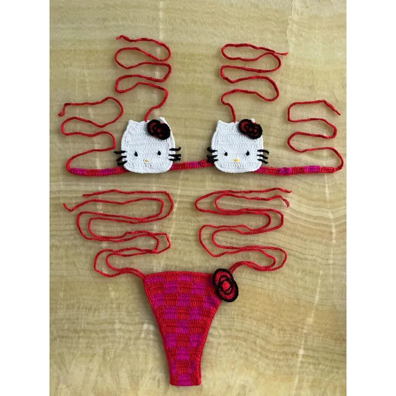 Hello Kitty Inspired Crochet Micro Bikini Set – Cute Kawaii Beachwear for Women