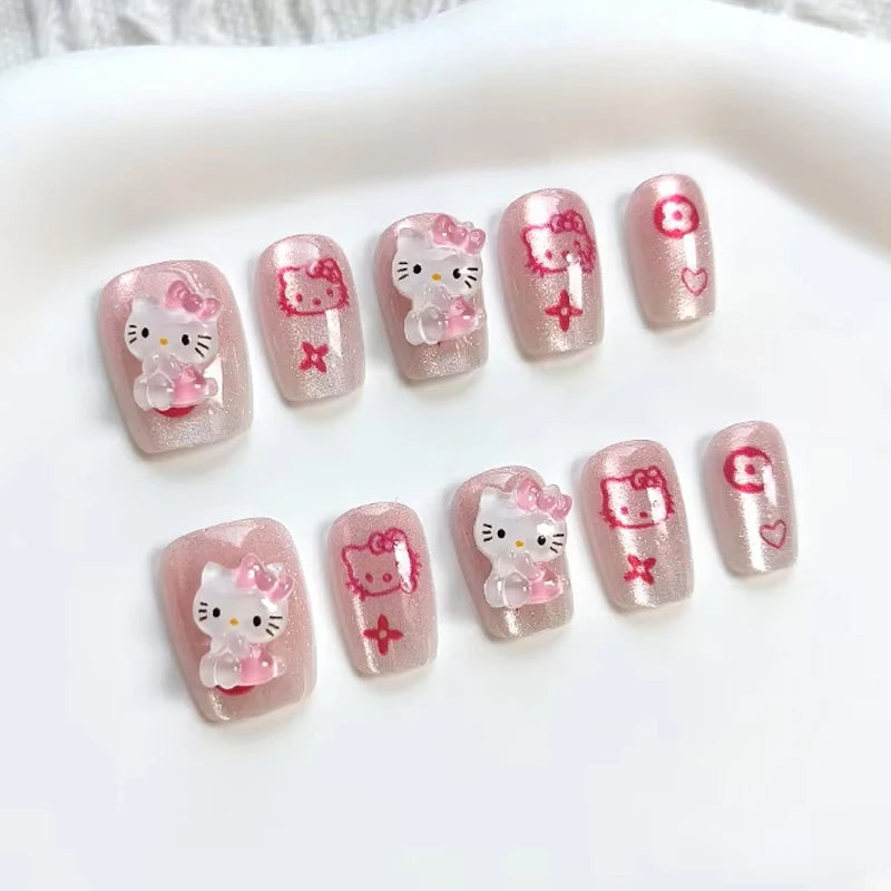 10Pcs Hello Kitty Press-On Nails – Cat Eye French Short False Nails – Handmade Wearable Manicure Nail Tips Set for Girls