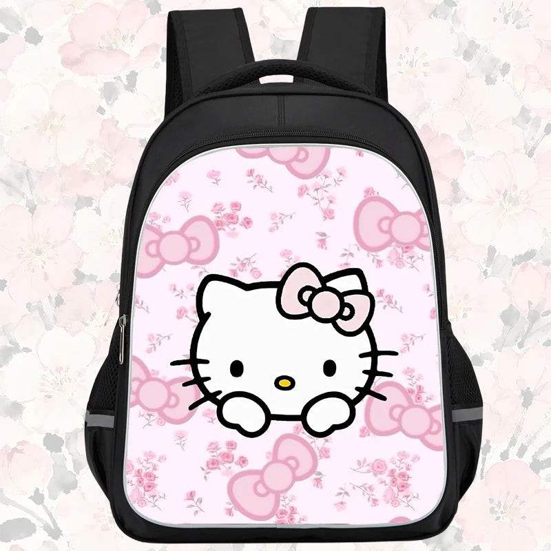 16-inch cartoon children's backpack, unisex, large capacity, double zippered pockets, ergonomic back support, Hello Kitty-theme