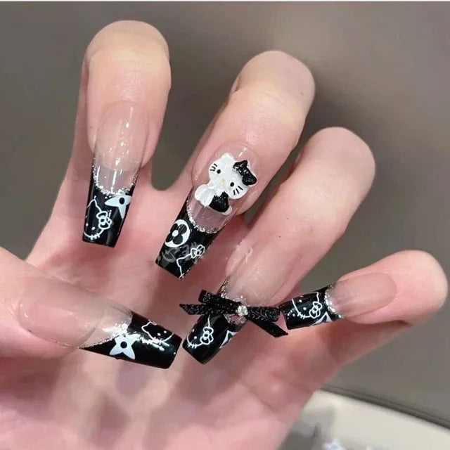 Hello Kitty Press-On Nails –  Cat Eye Shiny Wearable Nail Set – Reusable Handmade Cartoon Nail Art for Women