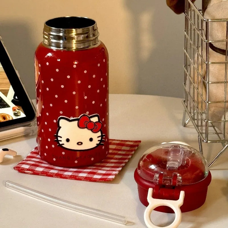 Hello Kitty Retro Red Polka Dot Thermos Cup – 316 Stainless Steel Vacuum Travel Water Bottle for Students