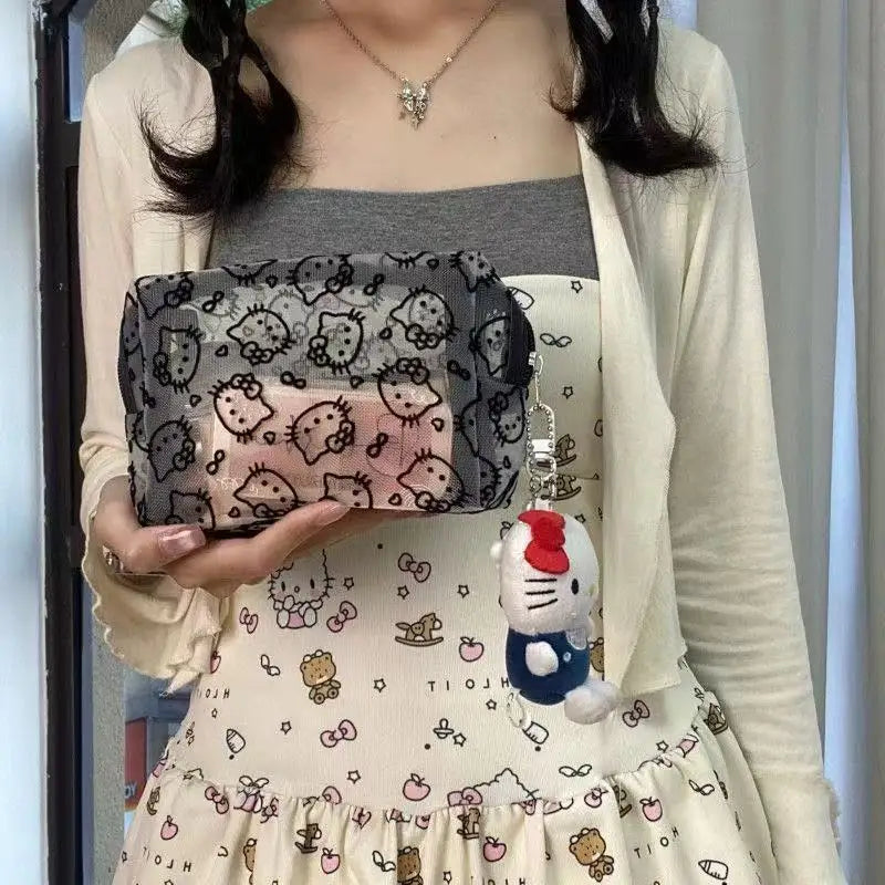 Hello Kitty Printed Transparent Mesh Makeup Bag – Large Capacity Travel Cosmetic Organizer