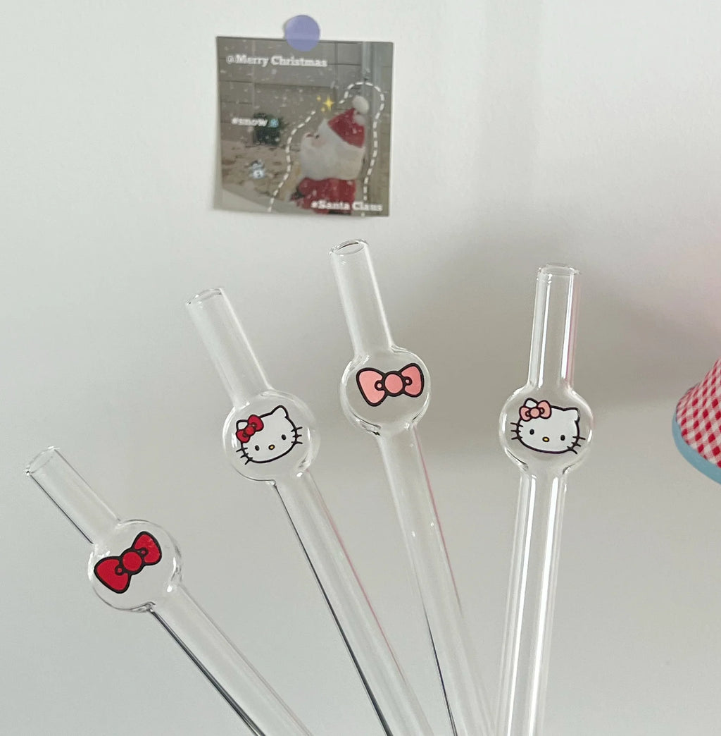 Hello Kitty Anime Ins Style Cute Cartoon Student Glass Straw KT Cat Creative High-value Household Thick Drinking Accessory Gifts
