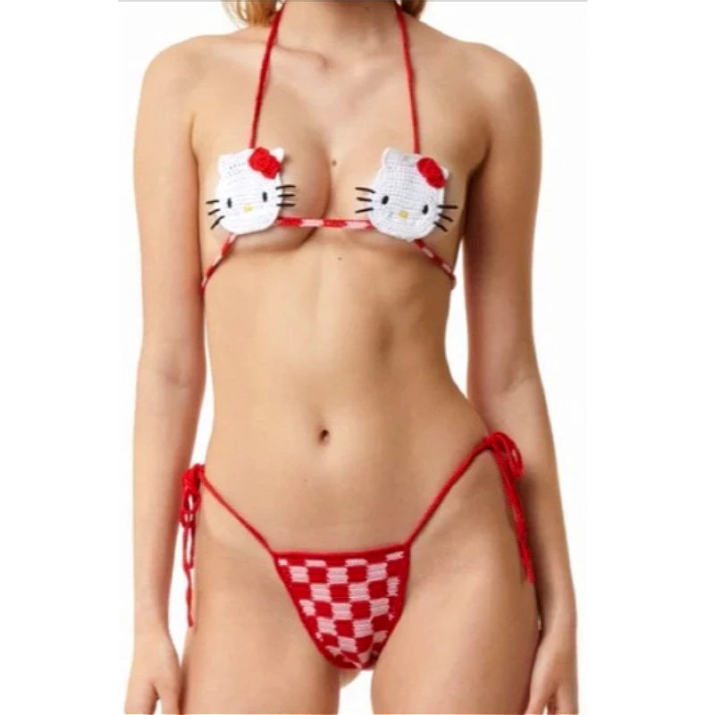 Hello Kitty Inspired Crochet Micro Bikini Set – Cute Kawaii Beachwear for Women