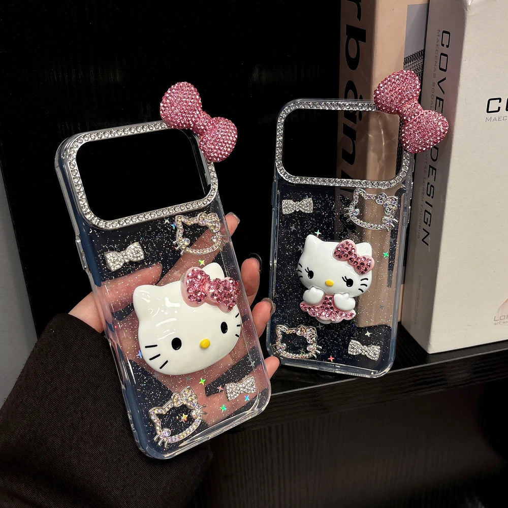 Cute Cartoon Sanrio Hello Kitty Bling Glitter Diamond Phone Case For iPhone 17 16 15 14 13 12 11 Pro Max Shockproof Hard Cover