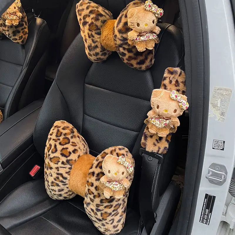 Hello Kitty Car Headrest Neck Pillow Seat Leopard Print Cushion Car Accessory for Girls Car Pillow Lumbar Support Accessories