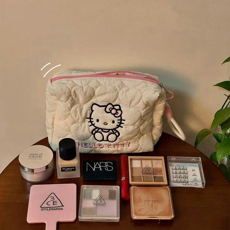 Hello Kitty Cute Quilted Makeup Bag Soft Cloud Texture Large Capacity Travel Cosmetics Storage Bag Toiletry Pouch Ladies Gifts