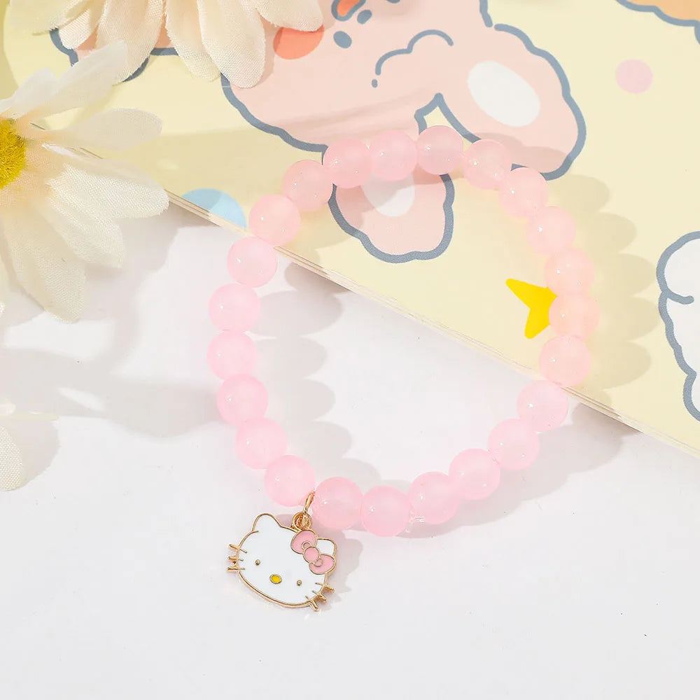 Hello Kitty Pink Glass Beaded Bracelet - Cute Cat Charm Pendant, Elastic Crystal Beads, Kawaii Jewelry Gift for Girls & Fans