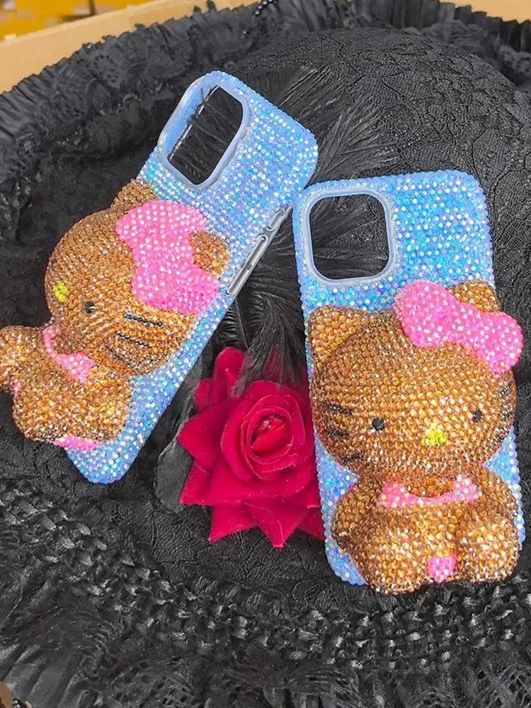 Christmas Hello Kitty Rhinestone Crystal Phone Case Chain For iPhone17 16 15 14 13 12 11Pro Max X Xs XR 7 8 Plus Transparent