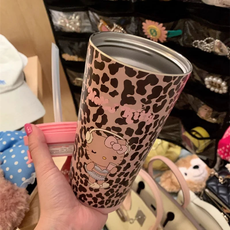 Cartoon Leopard HelloKitty Mug Stainless Steel Student Straw Double-drinking Large-capacity Coffee Cup Lovely Birthday Gift