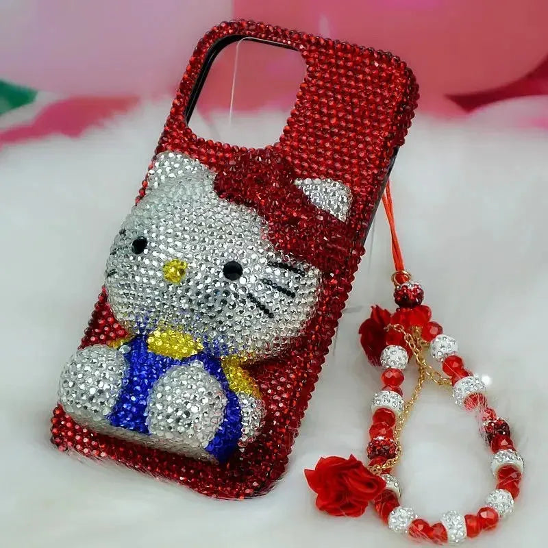 Hello Kitty Rhinestone Bling Crystal Phone Case Chain For iPhone17 16 15 14 13 12 11Pro Max X Xs XR 7 8 Plus Transparent Bumper