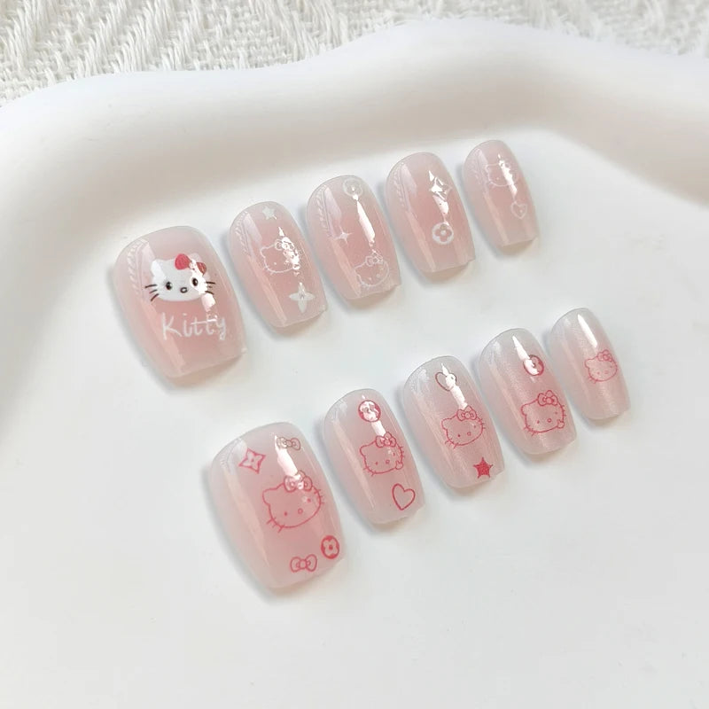 10Pcs Hello Kitty Press-On Nails – Cat Eye French Short False Nails – Handmade Wearable Manicure Nail Tips Set for Girls